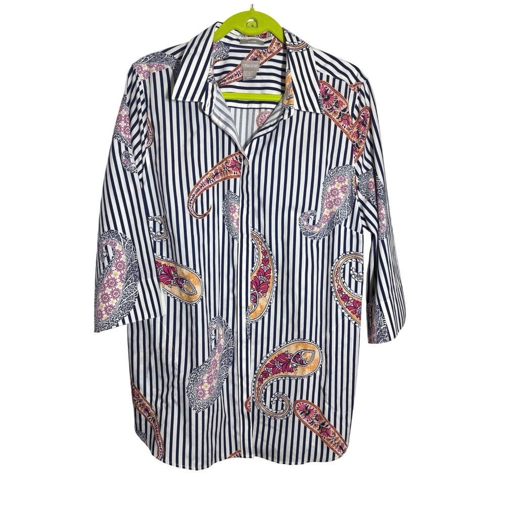 Chicos No Iron Cotton Button Down Shirt Stripe Paisley w pockets Size 3 XL